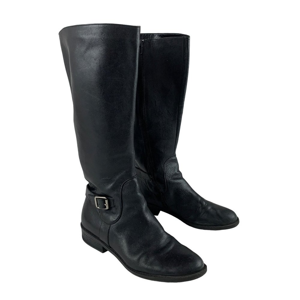 Me Too Boots Women's Size 9.5 Doris Black Leather Riding Buckle Knee Hi
